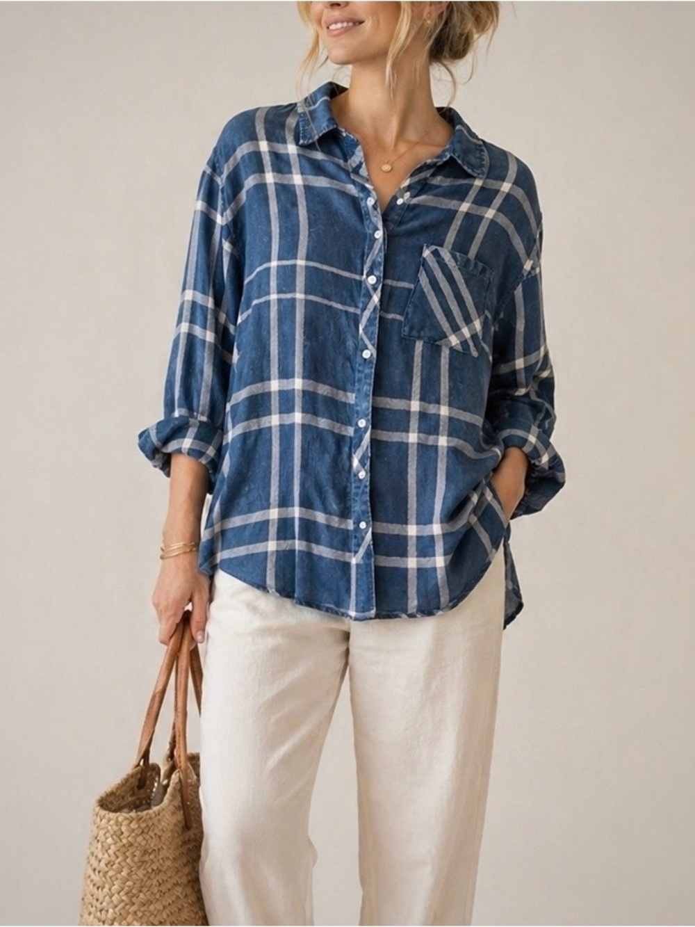 Rails Hunter Pacific Blue/White Plaid 100% Tencel Lyocell Shirt Size L